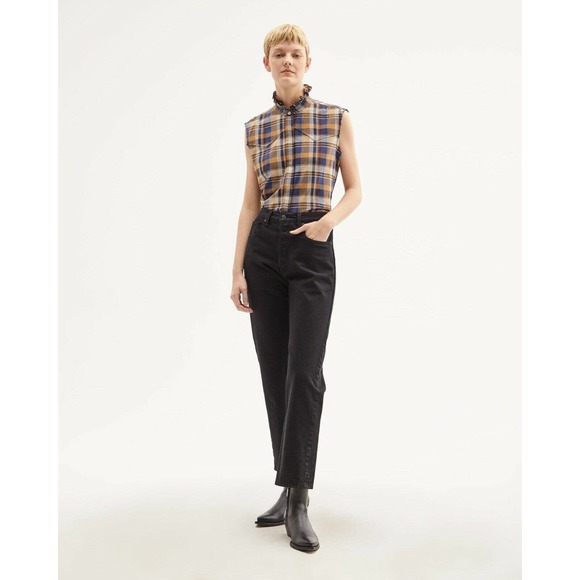 NILI LOTAN Feora Blue/Tan Plaid RuffleNeck Top NWT - Picture 2 of 10